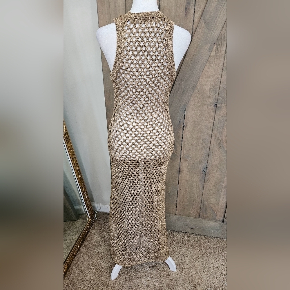 Zara Metallic Crochet Fishnet Midi Dress Gold Open Knit Cover Up Size Small - Picture 12 of 16